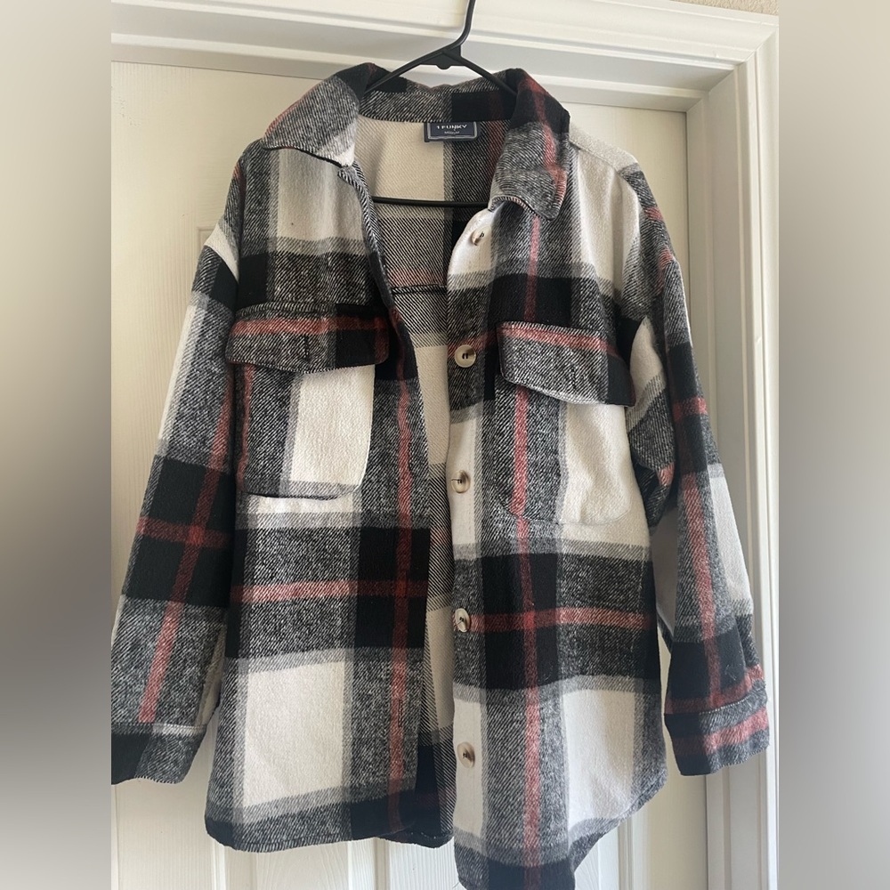 Plaid Teddy Jacket - Black, White, Red